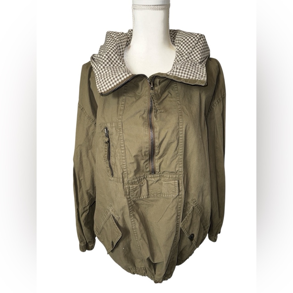 Vintage Express Olive Green Utility Jacket with Checkered Collar #47